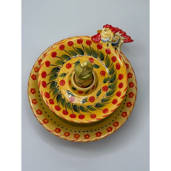 Dario Farrucci Design Yellow Floral Rooster 2 Tier Ceramic Serving Stand Tray